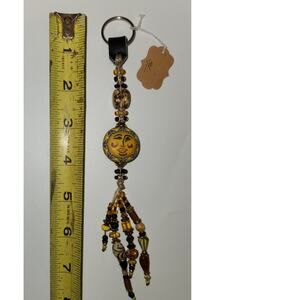 Polymer Beaded Sun/Moon Keychain‎ with glass beads and Leather accent NWT